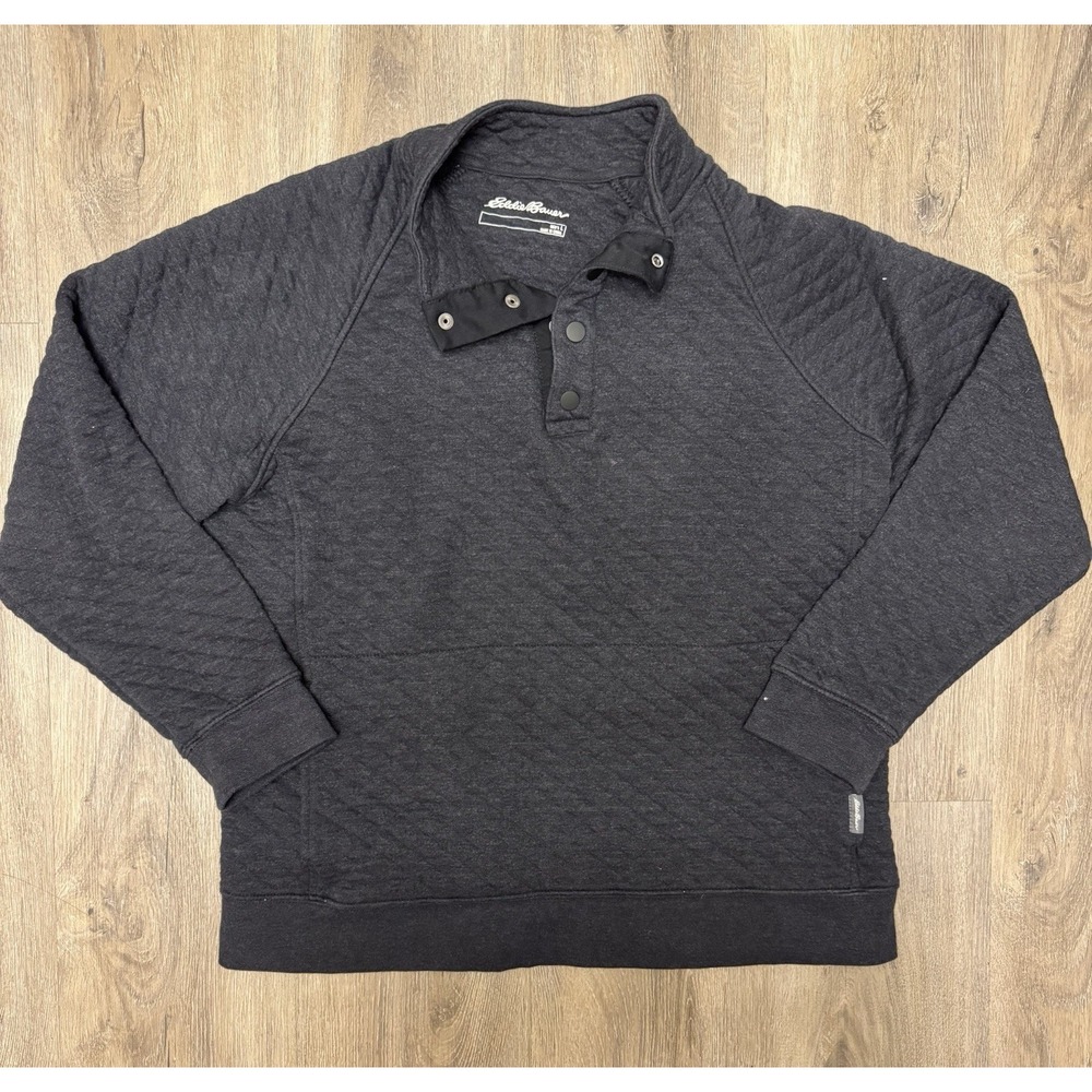 Eddie Bauer Men's Quilted Mock Neck Sweatshirt L Gray Snap Pullover